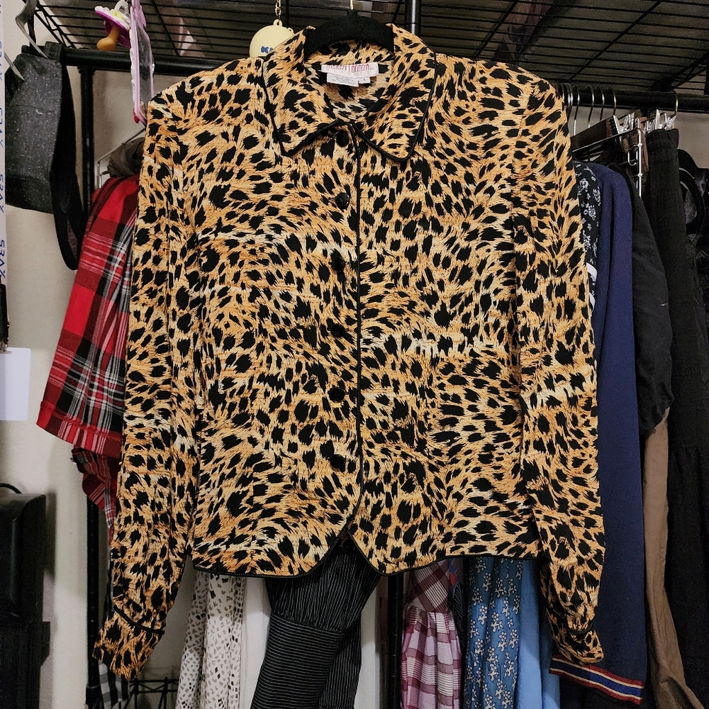 Vintage Maggy London 100% Silk, Leopard Print Women's Top, Small